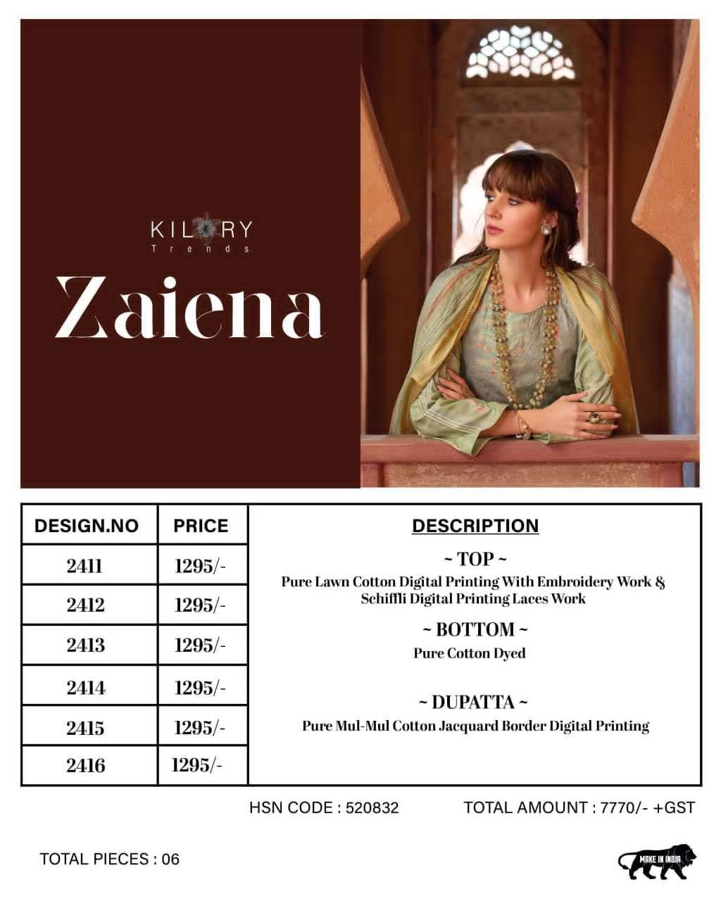 ZAIENA By KILORY TRENDS 2411 To 2416 Series Beautiful Festive Suits Colorful Stylish Fancy Casual Wear PURE LAWN COTTON Dresses At Wholesale Price